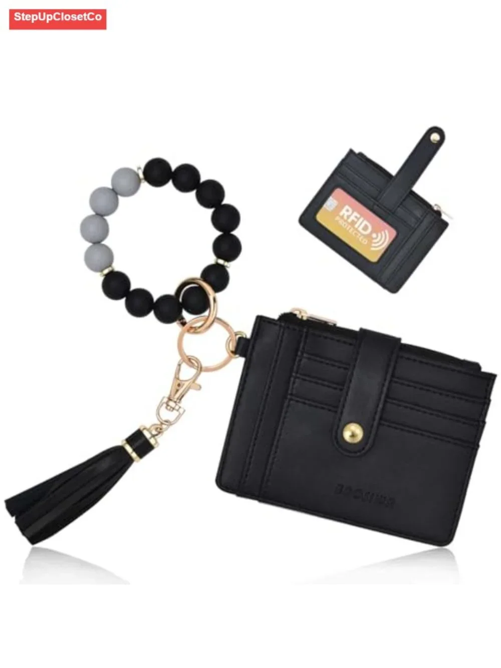 Silicone Beaded Bracelet Keychain Wristlet Wallet RFID Card Holder with Zipper